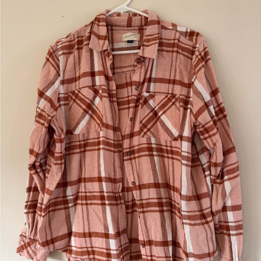 Pink Plaid Button-Up Flannel Oversized Shirt 100% Cotton Sz L